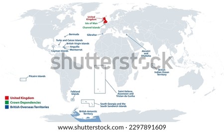 United Kingdom, British Overseas Territories and Crown Dependencies, political map. Britain, the Isle of Man, Guernsey and Jersey within the British Isles, and 14 BOTs, distributed all over the world.