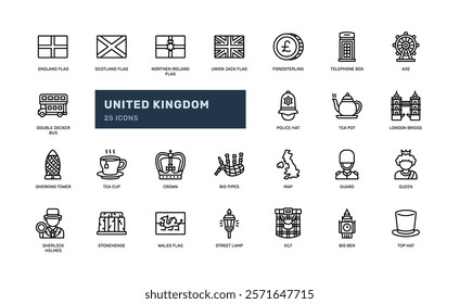 united kingdom british UK tourism and vacation detailed outline line icon set