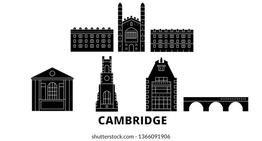 United Kingdom, Cambridge flat travel skyline set. United Kingdom, Cambridge black city vector panorama, illustration, travel sights, landmarks, streets.