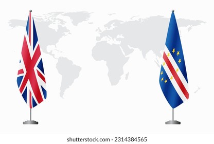 United Kingdom and Cape Verde flags for official meeting against background of world map.