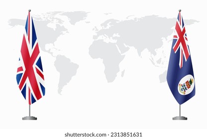 United Kingdom and Cayman Islands flags for official meeting against background of world map.