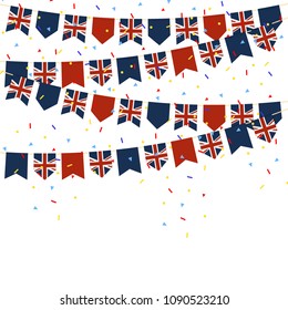 United Kingdom celebration bunting flags with Confetti And Ribbons on white background.vector illustration