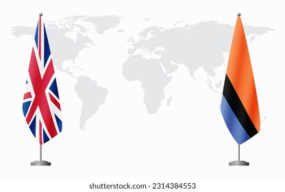 United Kingdom and Chagos Islands flags for official meeting against background of world map.