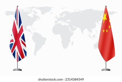 United Kingdom and China flags for official meeting against background of world map.