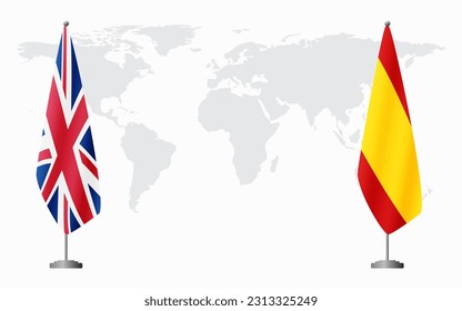 United Kingdom and civil Spain flags for official meeting against background of world map.