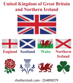 United Kingdom collection of flags and national emblems of England Scotland Wales Northern Ireland isolated on white background