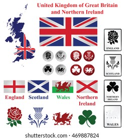 United Kingdom collection of map flags and national emblems of England Scotland Wales Northern Ireland isolated on white background