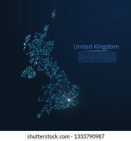 United Kingdom communication network map. Vector low poly image of a global map with lights in the form of cities or population density consisting of points and shapes in the form of stars and space.