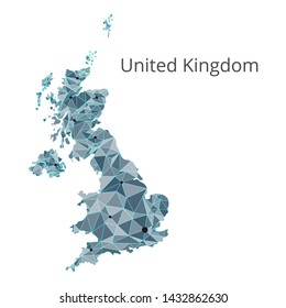 United Kingdom communication network map. Vector low poly image of a global map with lights in the form of cities or population density consisting of points and shapes and space. Easy to edit