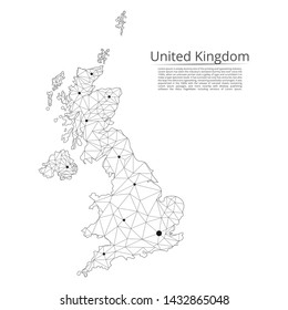United Kingdom communication network map. Vector low poly image of a global map with lights in the form of cities or population density consisting of points and shapes and space. Easy to edit