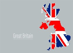 United Kingdom Contour Map, Shape Of Country With Flag. Great Britain And Northern Ireland Map Silhouette. European Country, State In EU. Drawing Background. UK Map Borders. Vector Flat Illustration