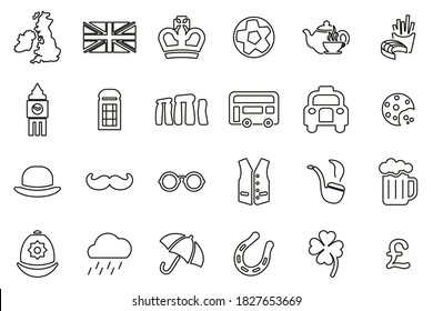 United Kingdom Country & Culture Icons Black & White Thin Line Set Big