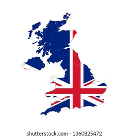 United Kingdom country silhouette with flag on background on white