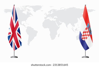 United Kingdom and Croatia flags for official meeting against background of world map.