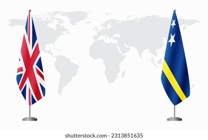 United Kingdom and Curacao flags for official meeting against background of world map.