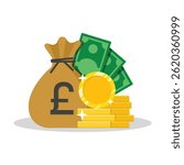 United Kingdom currency bag with Pound symbol, coins, and cash financial wealth and savings concept vector illustration. Pound money vector.