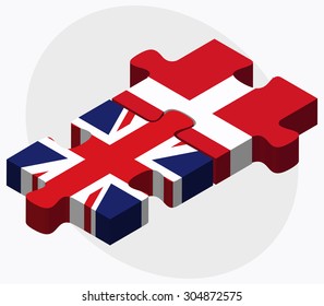 United Kingdom and Kingdom of Denmark Flags in puzzle isolated on white background