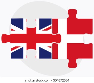 United Kingdom and Kingdom of Denmark Flags in puzzle isolated on white background