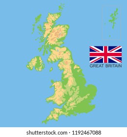 United Kingdom.  Detailed physical  map of the Great Britain colored according to elevation, with rivers, lakes, mountains. Vector map with national flag.