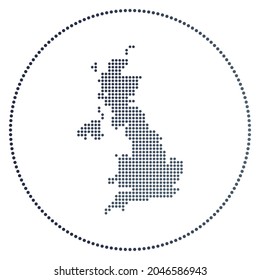 Insignia digital del Reino Unido. Mapa de estilo punteado del Reino Unido en círculo. Icono tecnológico del país con puntos degradados. Ilustración vectorial con estilo.