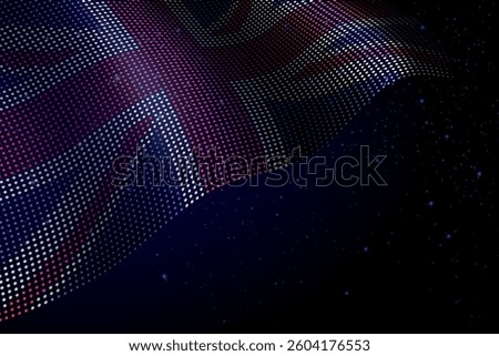United Kingdom digital flag made of dots, waving over a starry dark background