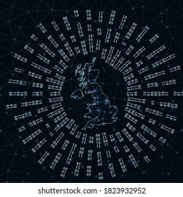 United Kingdom digital map. Binary rays radiating around glowing country. Internet connections and data exchange design. Vector illustration.