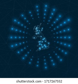 United Kingdom digital map. Glowing rays radiating from the country. Network connections and telecommunication design. Vector illustration.