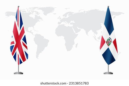 United Kingdom and Dominican flags for official meeting against background of world map.