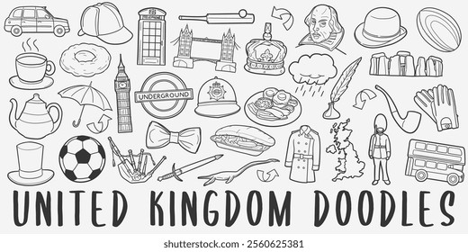 United Kingdom Doodle Icons Black and White Line Art. England Clipart Hand Drawn Symbol Design.