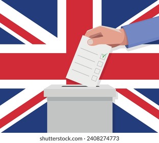 United Kingdom election concept. Hand puts vote bulletin into vote box.