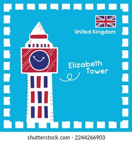 United Kingdom Elizabeth Tower landmark illustration with cute stamp design