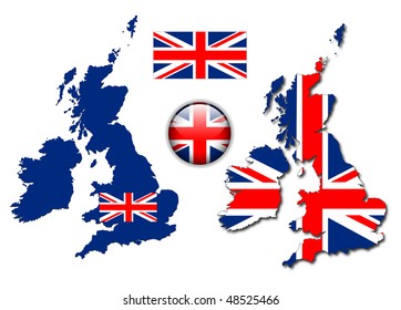 Reino Unido, bandera de Inglaterra, mapa y botón brillante, conjunto de ilustraciones vectoriales.