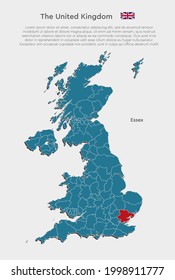 Reino Unido, Inglaterra - mapa ilustrativo detallado y alto dividido en condados. Mapa de Gran Bretaña en blanco aislado sobre fondo blanco. País de plantilla de vectores Essex para sitio web, patrón, infografía