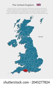 United Kingdom, England - illustration map divided on counties. Blank Great Britain map isolated on white background. Vector template county Dorset for website, pattern, infographic