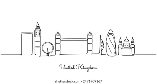 United Kingdom England skyline continuous line drawing. Building and architecture concept. Vector illustration minimalist design hand drawn.