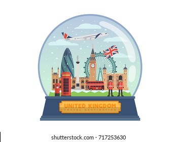 United Kingdom Famous Tourist Destination Snow Globe Illustration