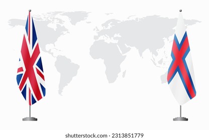 United Kingdom and Faroe Islands flags for official meeting against background of world map.