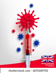 United kingdom first Covid-19 vaccinations campaign with Symbol of Virus cell and covid-19 vaccine syringe.COVID-19 Corona virus outbreaking and Vaccinations for United kingdom