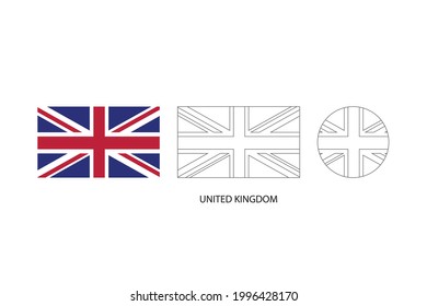 United Kingdom flagge 3 Versionen, Vektorgrafik, dünne schwarze Linie des Rechtecks und der Kreis auf weißem Hintergrund.