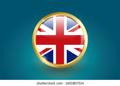 United Kingdom flag in 3D circle frame, can be used for independence day or any other events. gold glossy badge. vector illustration. EPS 10.