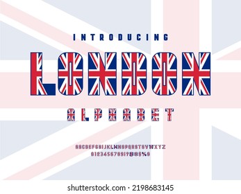 united kingdom flag alphabet design with uppercase, numbers and symbols