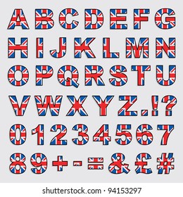 united kingdom flag alphabet with letters, numbers and punctuation