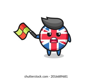 united kingdom flag badge cartoon as the line judge hold the flag up at a 45 degree angle , cute style design for t shirt, sticker, logo element