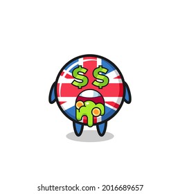 united kingdom flag badge character with an expression of crazy about money , cute style design for t shirt, sticker, logo element