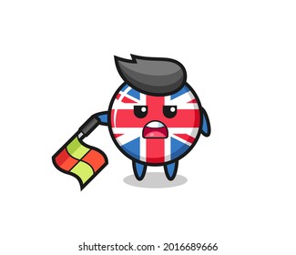 united kingdom flag badge character as line judge hold the flag down at a 45 degree angle , cute style design for t shirt, sticker, logo element