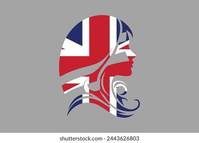 United Kingdom flag and British girl’s shape, British face, United Kingdom flag, Uk, British, silhouette vector
