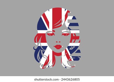 United Kingdom flag and British girl’s shape, British face, United Kingdom flag, Uk, British, silhouette vector
