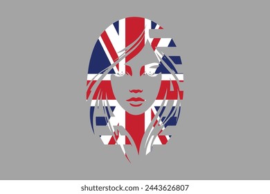 United Kingdom flag and British girl’s shape, British face, United Kingdom flag, Uk, British, silhouette vector
