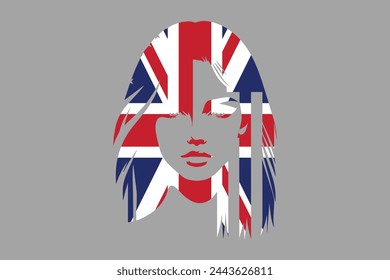 United Kingdom flag and British girl’s shape, British face, United Kingdom flag, Uk, British, silhouette vector
