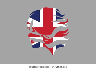 United Kingdom flag and British girl’s shape, British face, United Kingdom flag, Uk, British, silhouette vector
